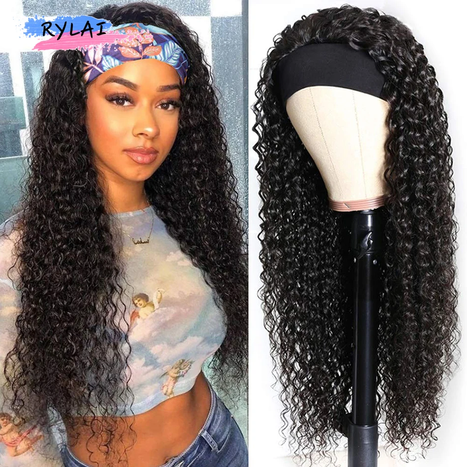 Kinky Curly Headband Synthetic Wigs For Black Women Machine Made Wig 28 Inch Long Wig Deep Water Wave Hair Daily Wig With Headba