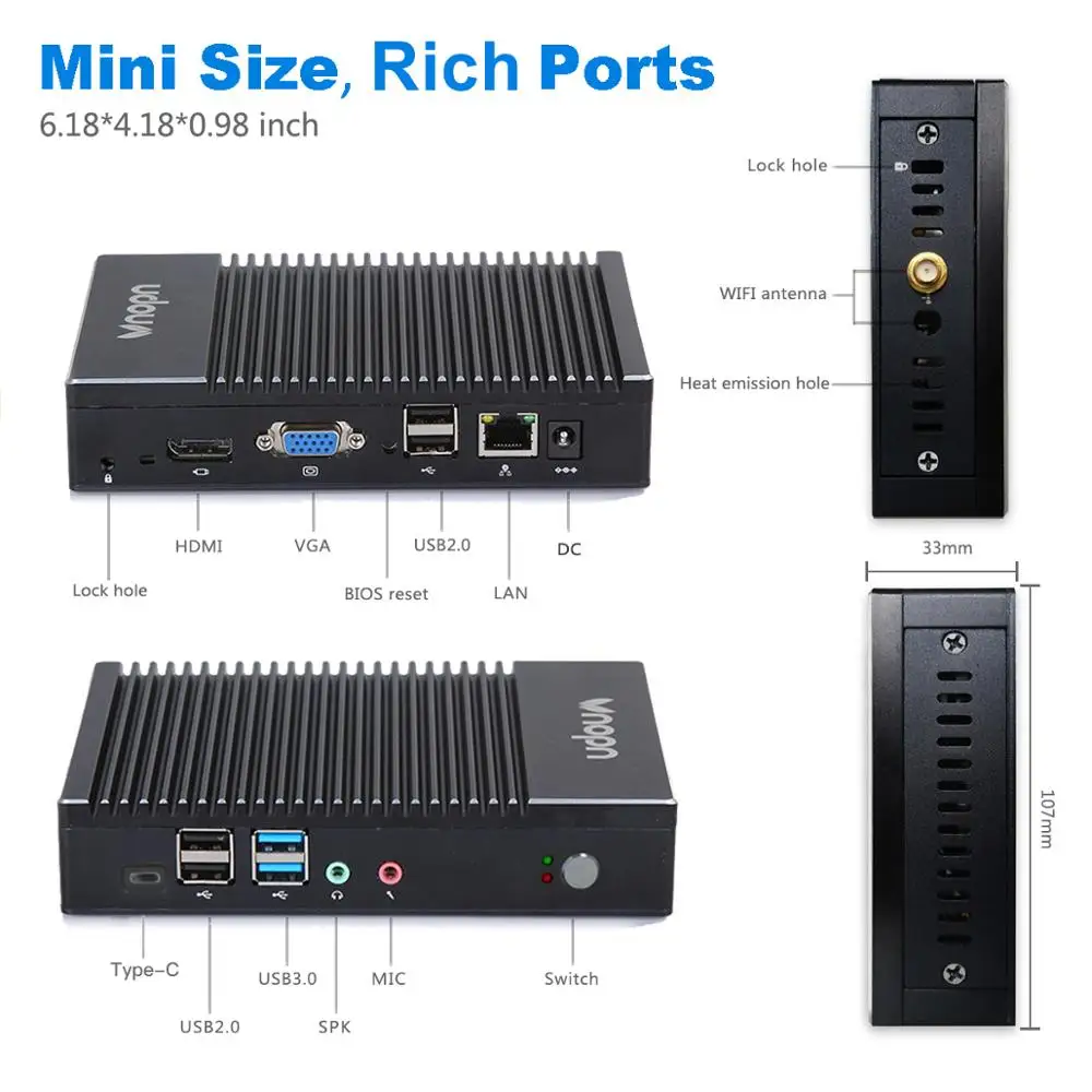 Imagem -02 - Vnopn-mini pc Amd Windows 10 Linux Quad Core Fanless Wi-fi Gigabit Lan Barebone Hdmi Vga pc Industrial Micro Computador Desktop