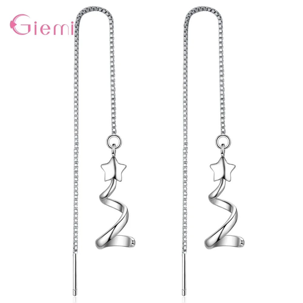 Sweet 925 Sterling Silver Star Swirl Long Chain Drop Earrings for Women Girl Ear Line Dangel Earring Party Gift Jewelry