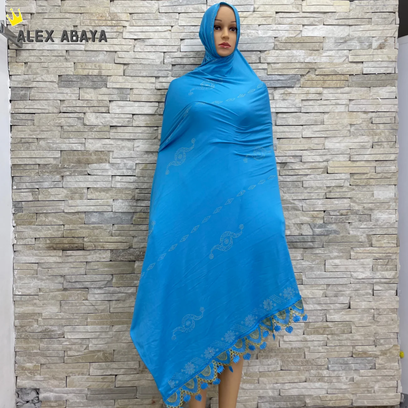 KASHKHA-Cotton Stitched Lace Scarf for African Muslim Women, Dubai Pray, Big Shawls with Rhinestones, 100% Soft, 180*120cm