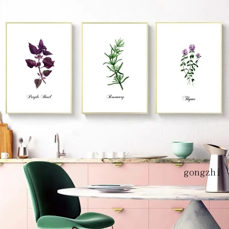 

Purple Basil Rosemary Thyme Kitchen Poster Watercolor Plant Flower Canvas Painting and Prints Wall Art Picture Dining Room Decor
