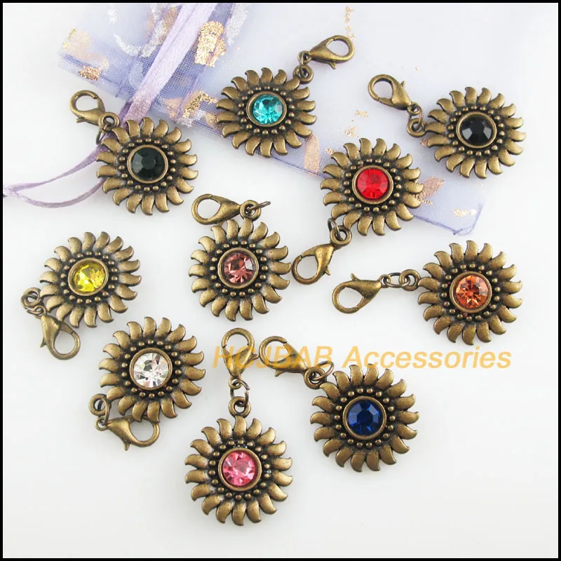 10 New Sun 20x24mm Charms Mixed Round Crystal Antiqued Bronze Tone Retro With Lobster Claw Clasps