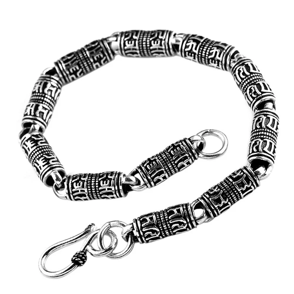 Solid 925 Sterling Silver Bracelet Tibetan Mantra Chain Retro Thai silver Jewelry Mens Gift