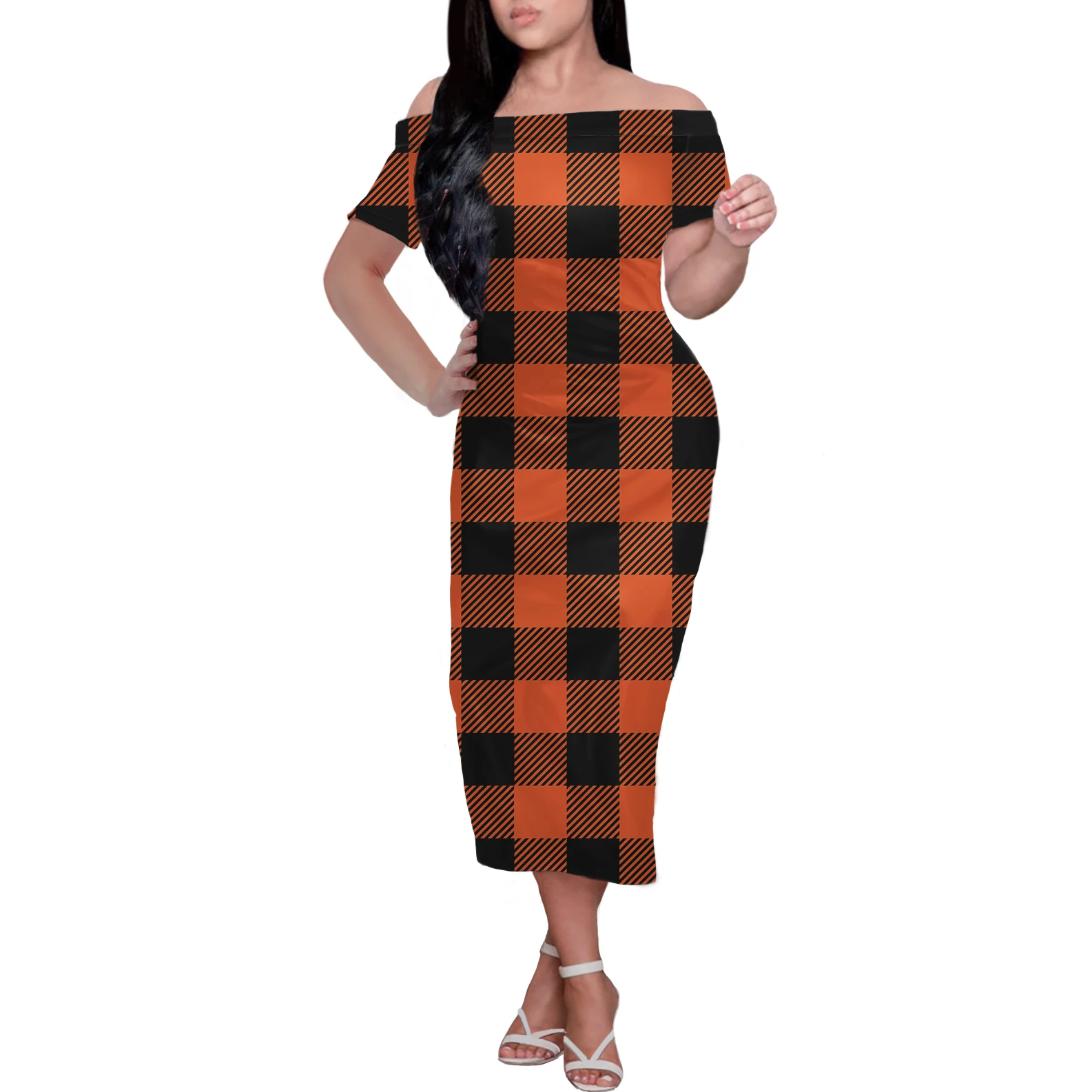 

Tweed Plaid Off Shoulder Strapless Sexy Women Short Sleeve Straight Bodycon Casual Summer Party Dress Polynesian Samoan Tribal