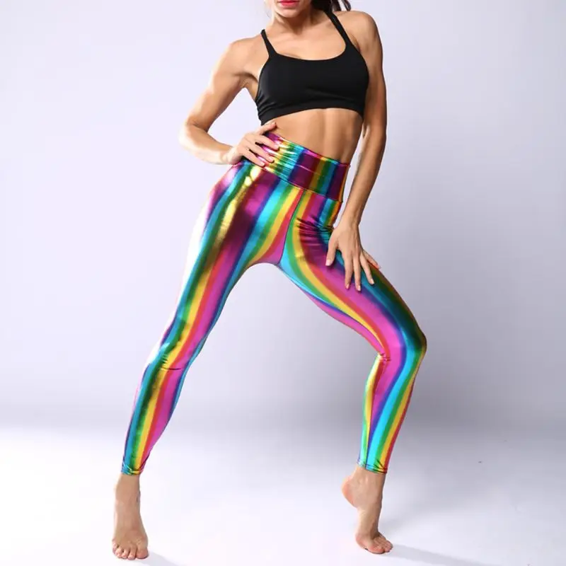 Womens Hologram Metallic Rainbow Leggings Glitter Neon Tights Stripes Printed High Waist Yoga Pants Faux Leather Party Clubwear