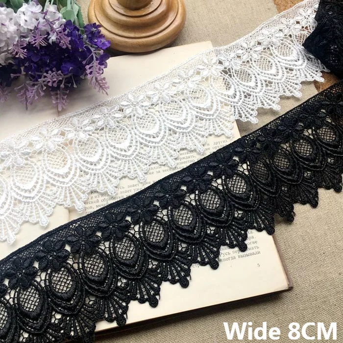 8CM Wide Luxury White Black Embroidery Fabric 3D Flowers Dress Guipure Lace Edge Trim Garment Dress Curtains DIY Sewing Supplies