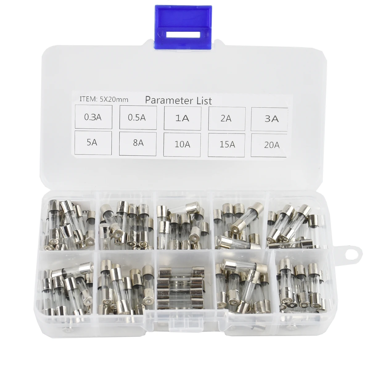 100Pcs Set 5x20mm Quick Blow Glass Tube Fuse Suit combin Assorted Kits,Fast-blow Glass Fuses 0.3A0.5A 1A 2A 3A 5A 8A 10A 15A 20A