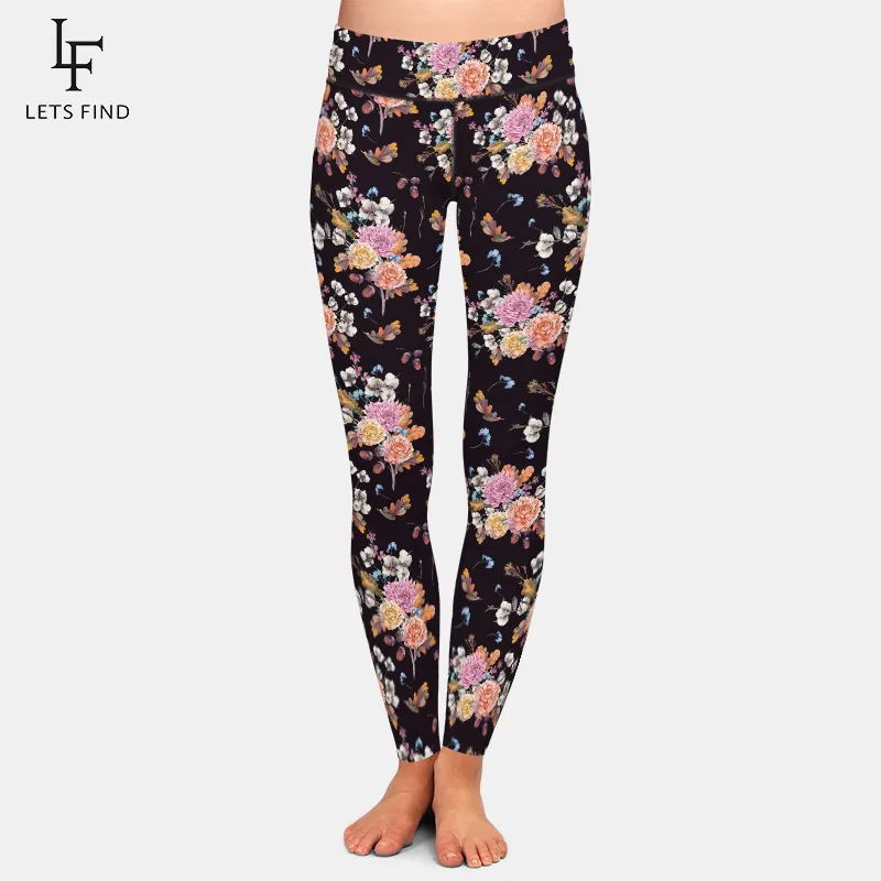 

LETSFIND High Quaility Women Warm Full Leggings Fashion 3D Chrysanthemum and Peony Printiing High Waist Fitness Silm Leggings