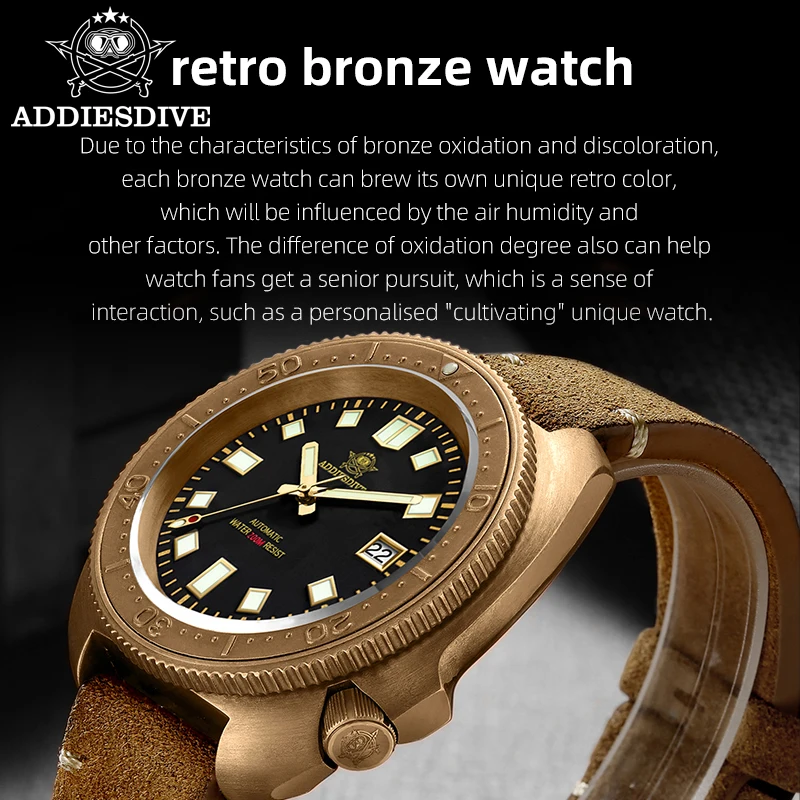 ADDIESDIVE Men‘s CUSN8 solid bronze Watch Sapphire Glass Calendar Display 20Bar C3 Super Luminous Automatic Mechanical Watches