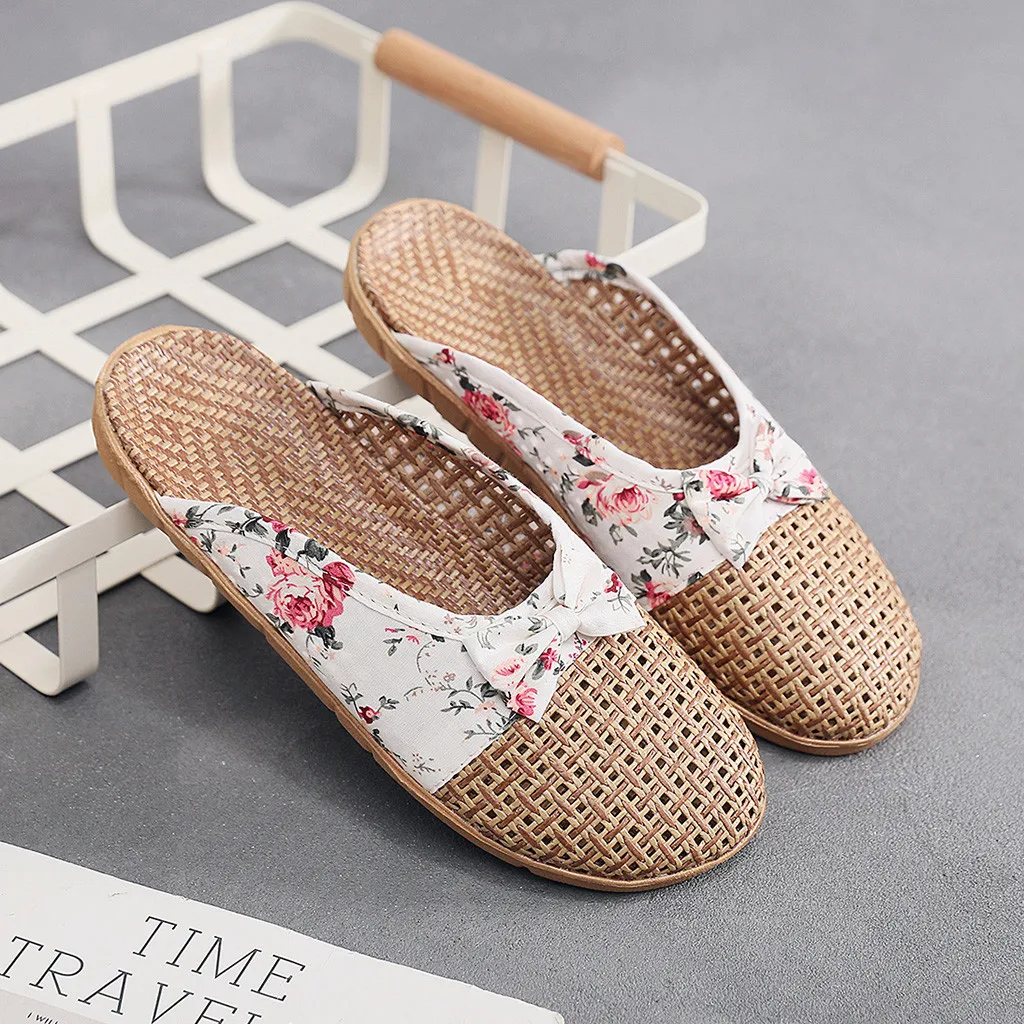 2023 Summer Linen EVA Anti-Slip Flat Slipper Women Casual Butterfly Knot Slip On Slides Indoor Home Slippers Shoes Beach Shoes