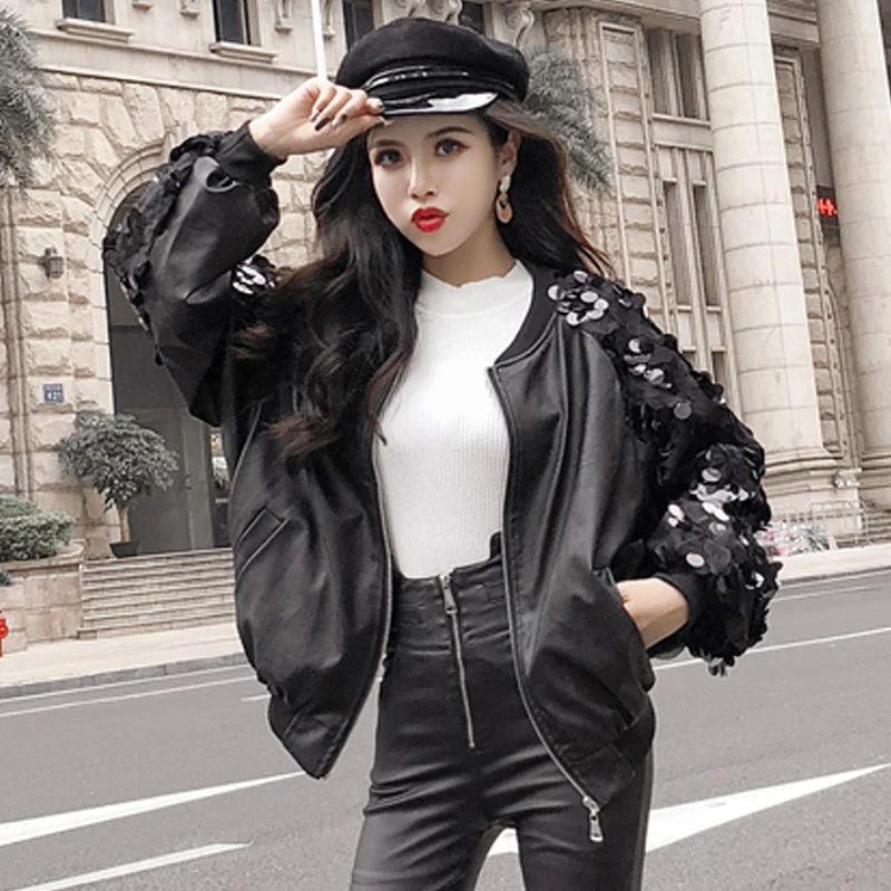 Winter New Women Clothes Fashion Outerwear Lace Sequin Patchwork Long-Sleeved Autumn Loose Black Leather Jacket Coats