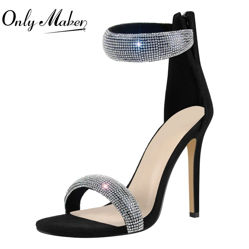 

Onlymaker Womens Black Flock Sandals Square Peep Toe Crystal Decoration Back Zipper Thin High Heels Elegant Sexy Concise Heels