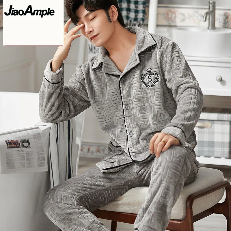 Pajamas Men\'s Winter Coral Velvet Thickened Sleepwear Suits Male Warm Pijamas Casual Cartoon Nightie Pyjamas Home Clothes Set