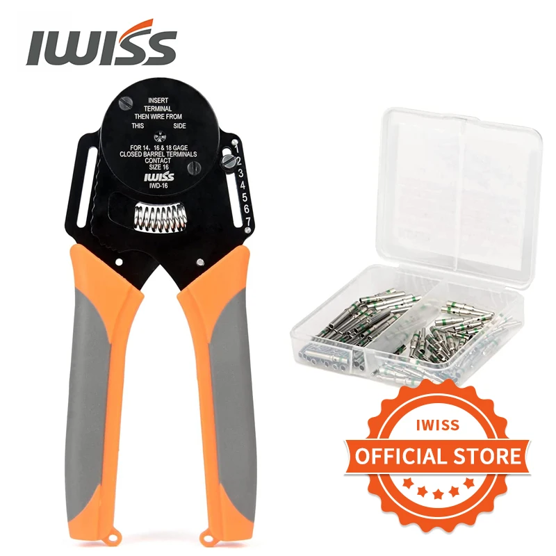 IWISS Solid Barrel Crimping Plier for Size 16 gage 14,16&18 w/30 pairs DT Solid Contacts Mini Hand Ratchet Crimper Tool