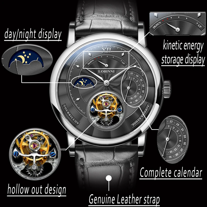 ساعة LOBINNI Real Tourbillon للرجال حركة النورس ساعة ميكانيكية زجاج الياقوت مرحلة القمر ساعة ميكانيكية متعددة الوظائف