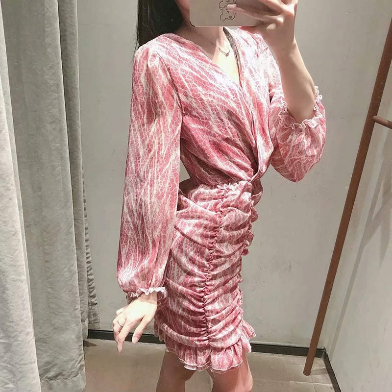 Sukienka-vestido con volantes y estampado de piel de serpiente para mujer, vestido sexy de manga farol con cuello de pico para primavera y otoño, letnia za, 2020