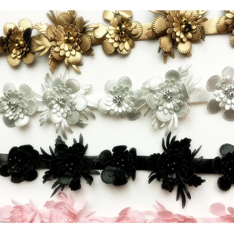 2y Artificial Leather Flower Pearl Embroidered Lace Trim Ribbon Fabric Sewing Supply Craft DIY For Costume Dress Hat Decoration