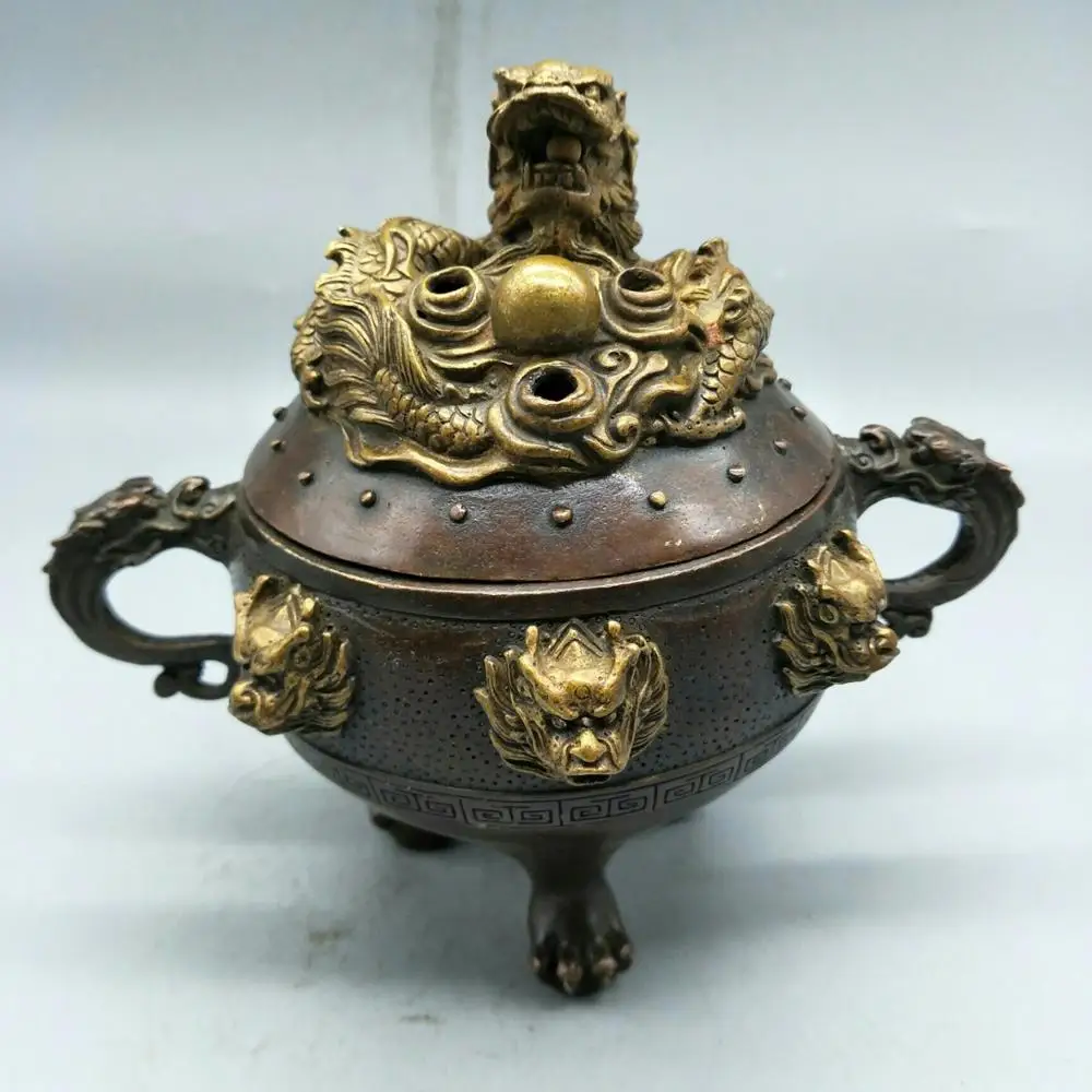 

Exquisite antique bronze ware Jiulong tripod incense burner home decoration