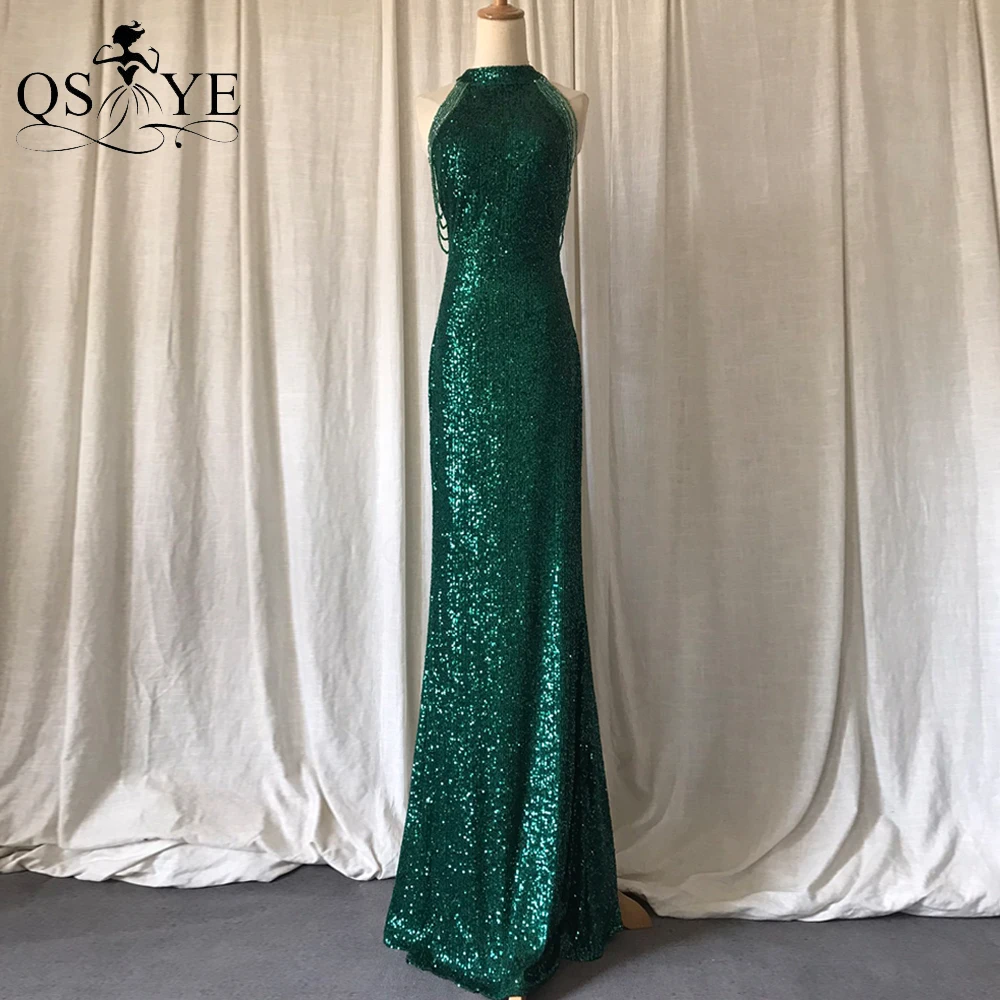 

Halter Neck Green Prom Dresses Sequin Long Evening Gown Beading Shoulder Fitted Prom Gown Glitter Sequin Emerald Women Dresses