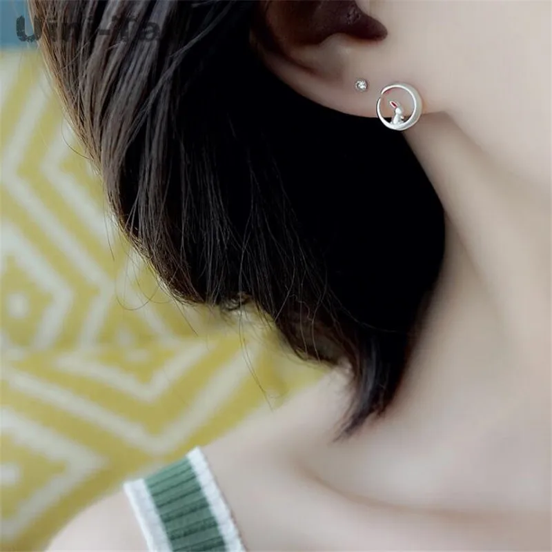 Uini-Tail hot new 925 Tibetan silver moon bunny earrings fresh and lovely sweet tide flow white rabbit student earrings ED006
