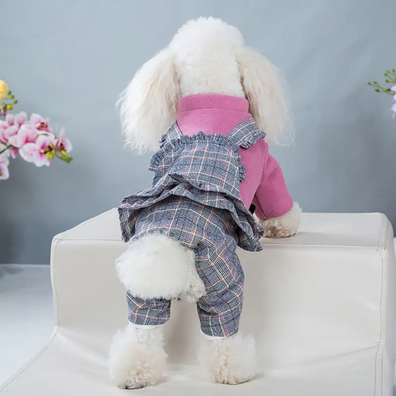 Warm Dog Clothes Turtleneck Knitted Pet Jumpsuits Winter Outfits Cat Sweaters Puppy Plaid Romper Chihuahua Clothing Pet Overalls