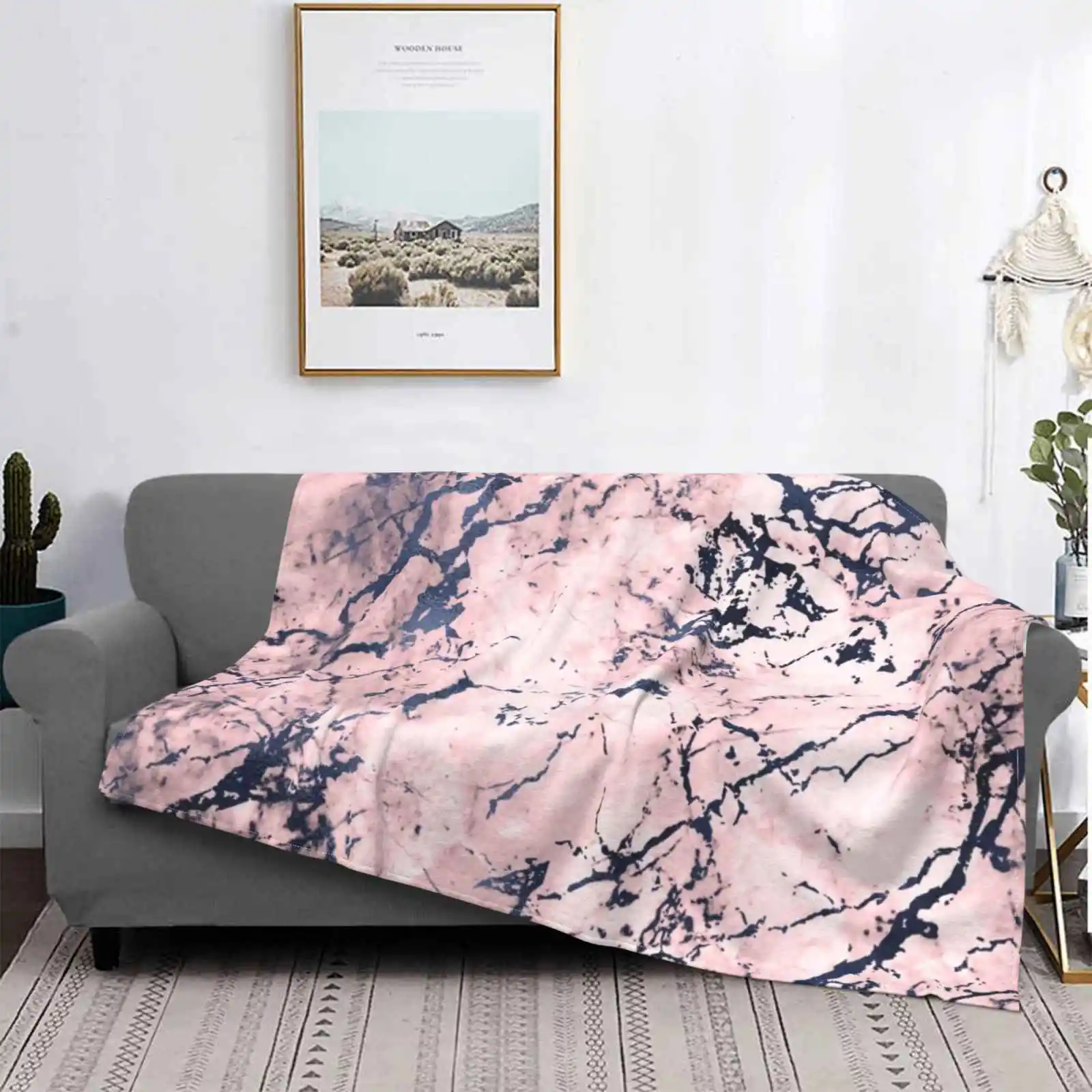 Navy And Blush Marble Air Conditioning Blanket Soft Warm Light Thin Blanket Navy Pink Marble Luxury Ele Pattern For Women For