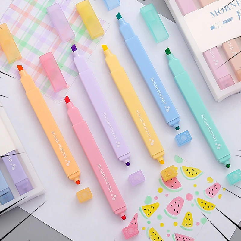 6pcs Sugar Poetry Color Marker Highlighter Pens Set Dual Side Soft Brush Dots Spot Liner Drawing Painting Office School A6290