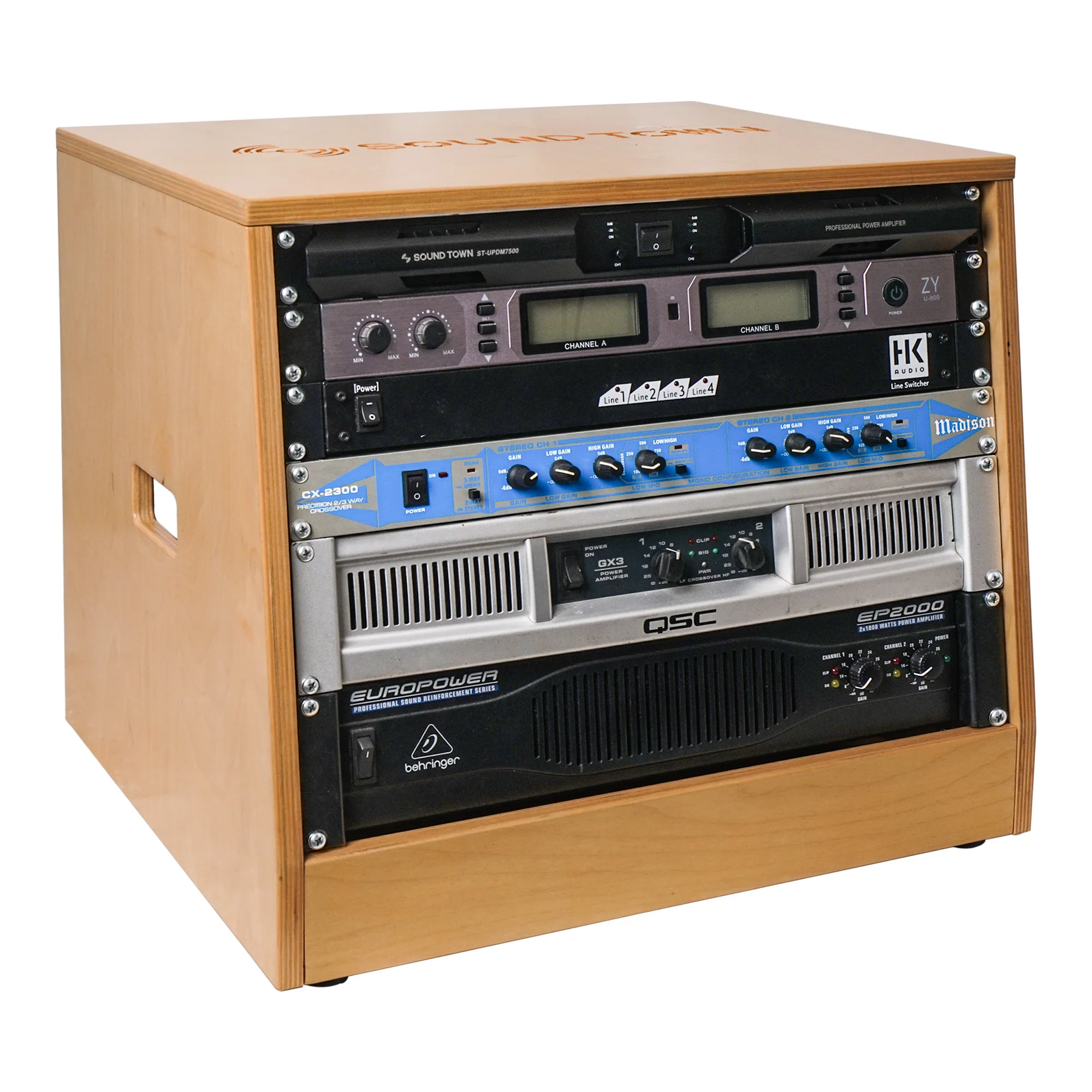 Sound Town DIY Slanted 8U Studio Rack, Plywood, Golden Oak, Rubber Feet, Casters (SDRK-8T)