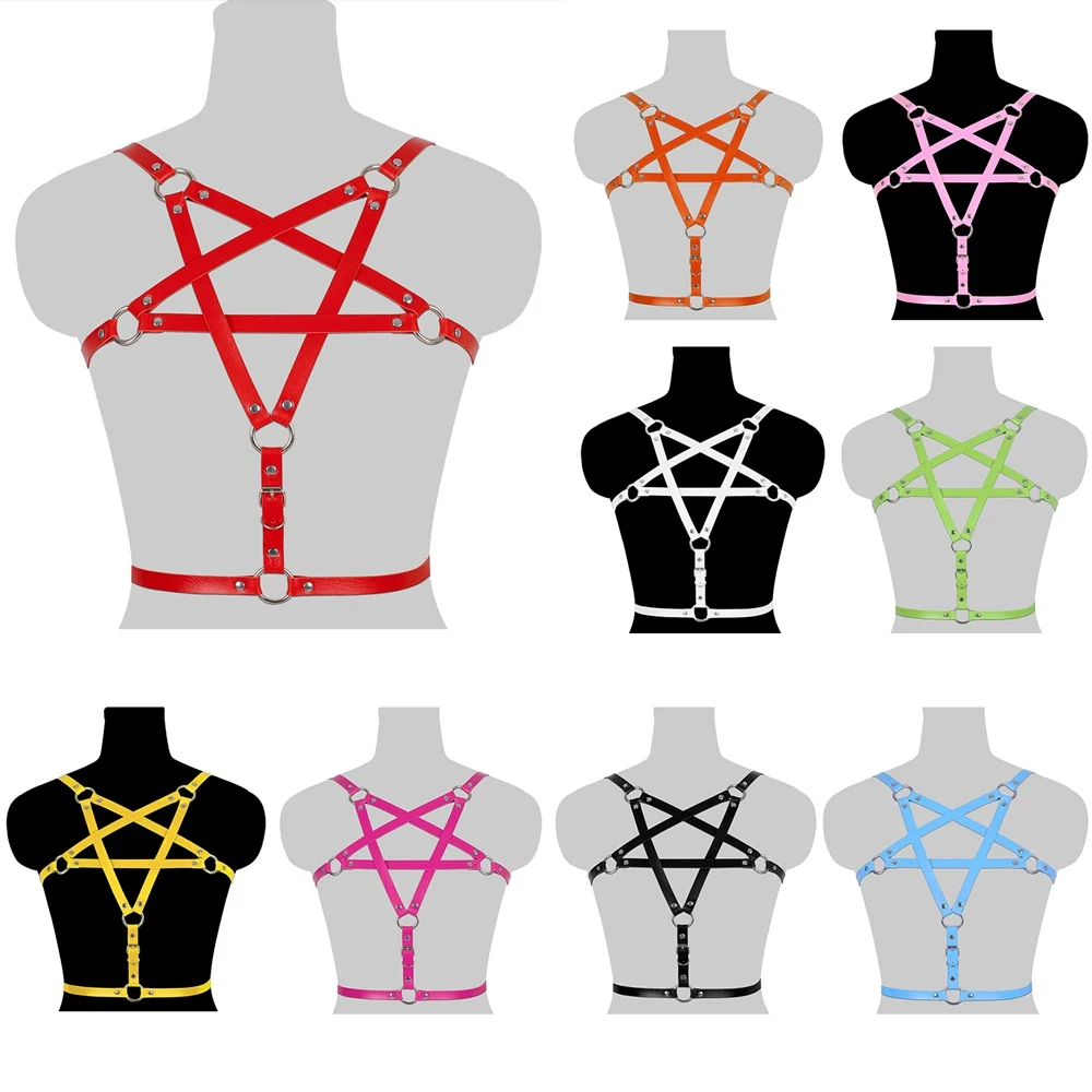 

Women Pentagram Leather Harness Gothic Lingerie Sexy Body Strap Belts Bondage Cage Bra Chest Garter Stockings Festival Rave Wear