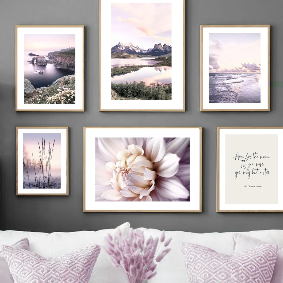 Mountains Calm Lake Purple Dahlia Flower Waves Grass Wall Art Print Canvas Painting Nordic Poster Decor Pictures For Living Room