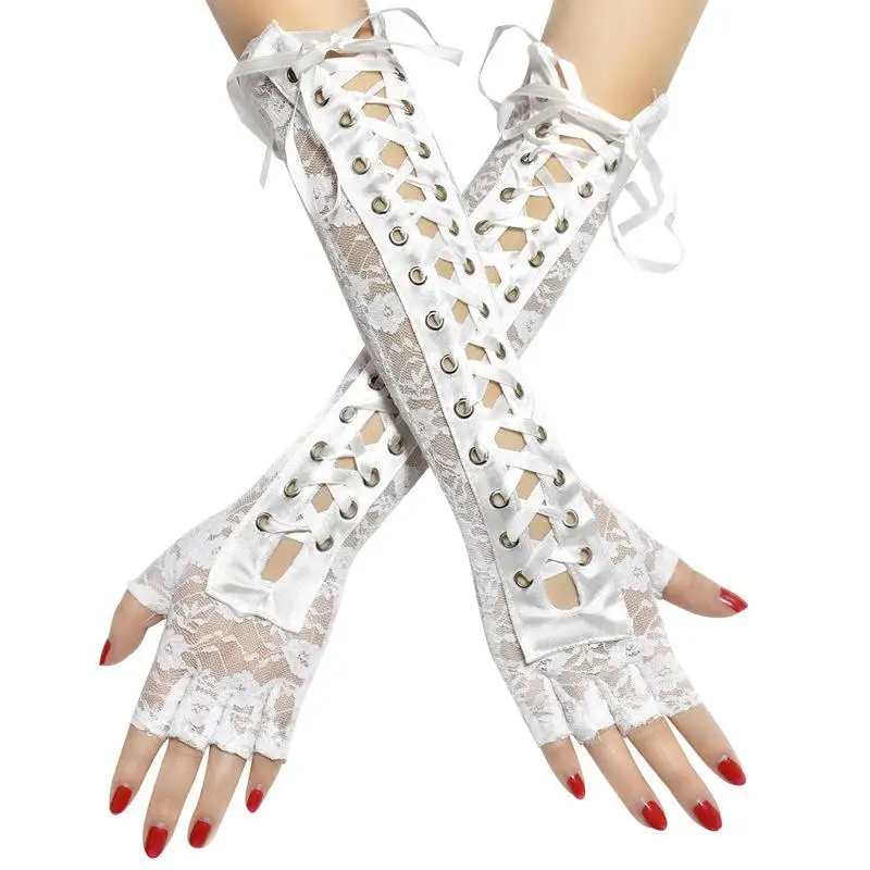 

Lace Gloves Sexy Lace Long Gloves Winter Elbow Length Half-Finger Gloves Ribbon Fingerless Fishnet Mesh Ceremonial Party Gloves