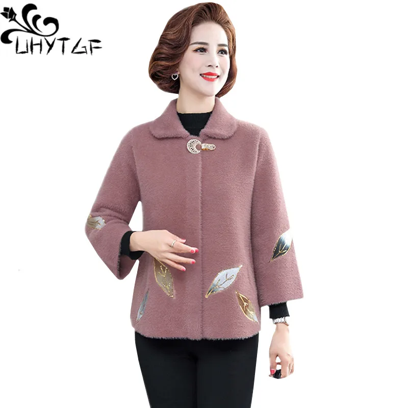 

UHYTGF Elegant Spring Autumn Wool Coat Women Quality Mink Cashmere Casual Short Tops Single-breasted Loose Big Size Jacket 1793