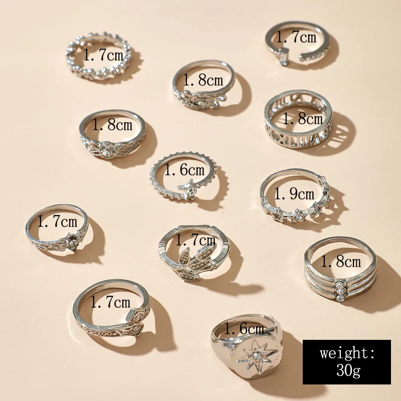 Tocona 13pcs/sets Bohemian Silver Color Star Rings Sets for Wmen Shiny Crystal Stone Geometric Wedding Rings Jewerlry 14306