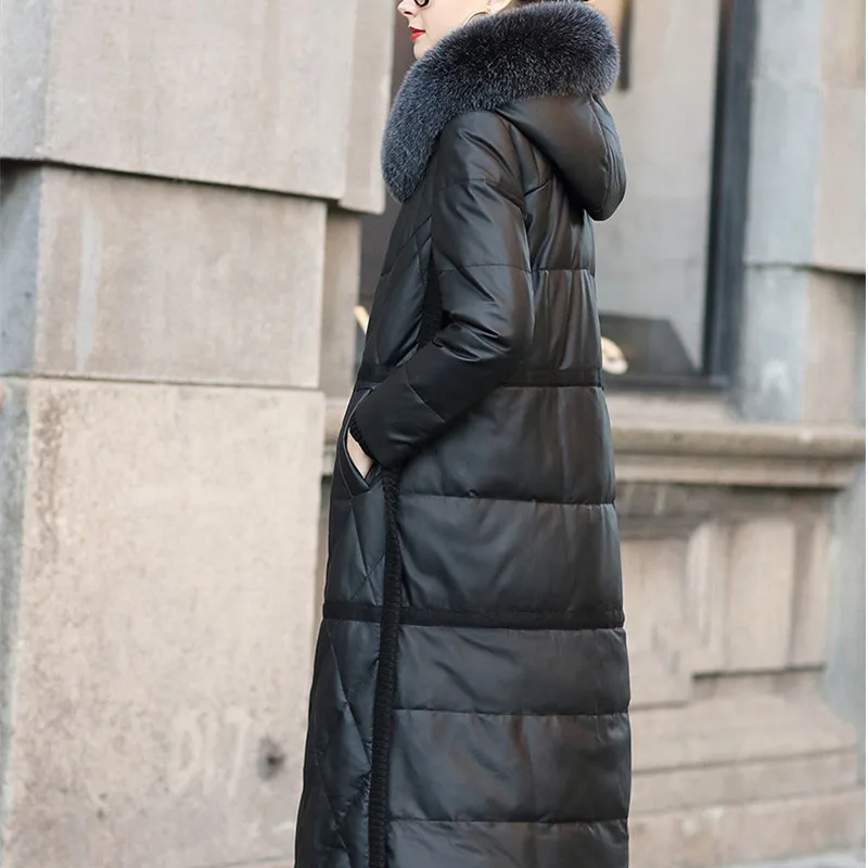 2022 High Quality Sheepskin Down Jacket Women Winter Coat Fox Fur Collar Hooded Natural Leather White Duck Down Outerwear KW1213