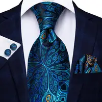 Jacquard Peacock Blue Novelty Design Wedding Tie For Men Hanky Cufflinks Gift Mens Necktie Set Business Party Dropshipping 5