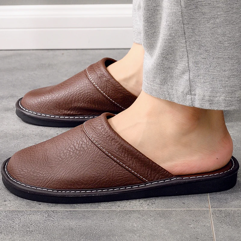 Solid Blue Brown Black Leather Slippers Men Bedroom Shoes Man Summer Spring Autumn Slippers Male Slides 2022 New Arrivals