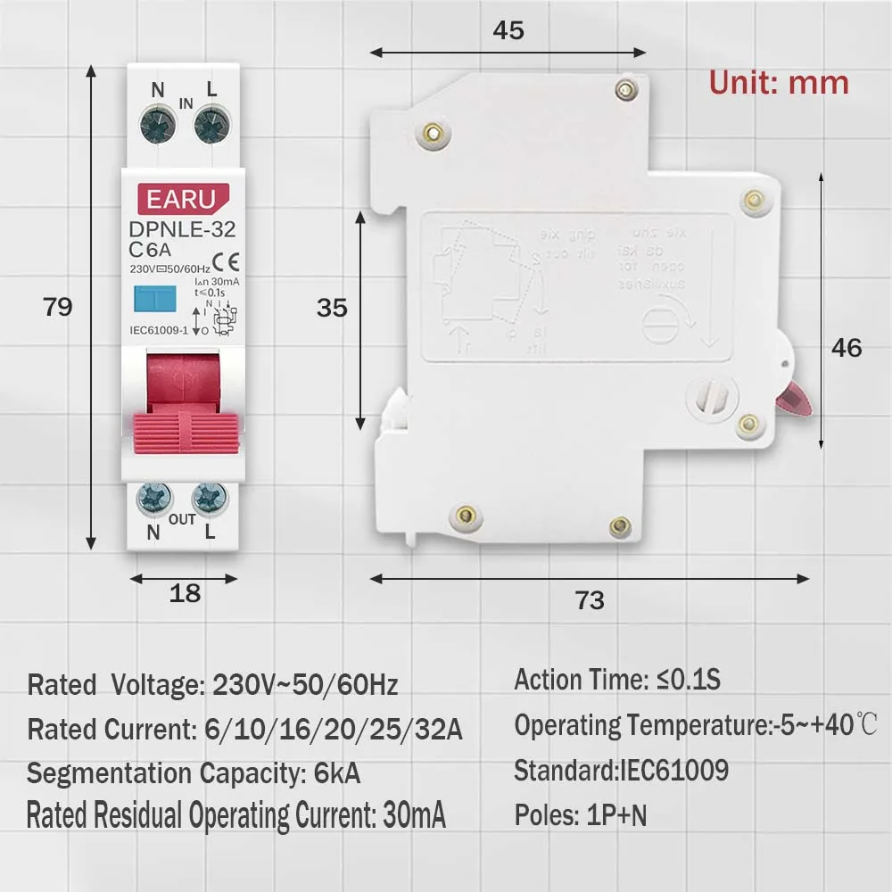 25A 18MM Mini 230V 50/60Hz RCBO 1P+N 6KA Residual Current Differential Automatic Circuit Breaker Over Current Leakage Protection