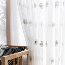 Traditional Chinese Greek key Sheer Curtains, Embroidered White Tulle Voile Curtains, Living Room Drapes Gauze