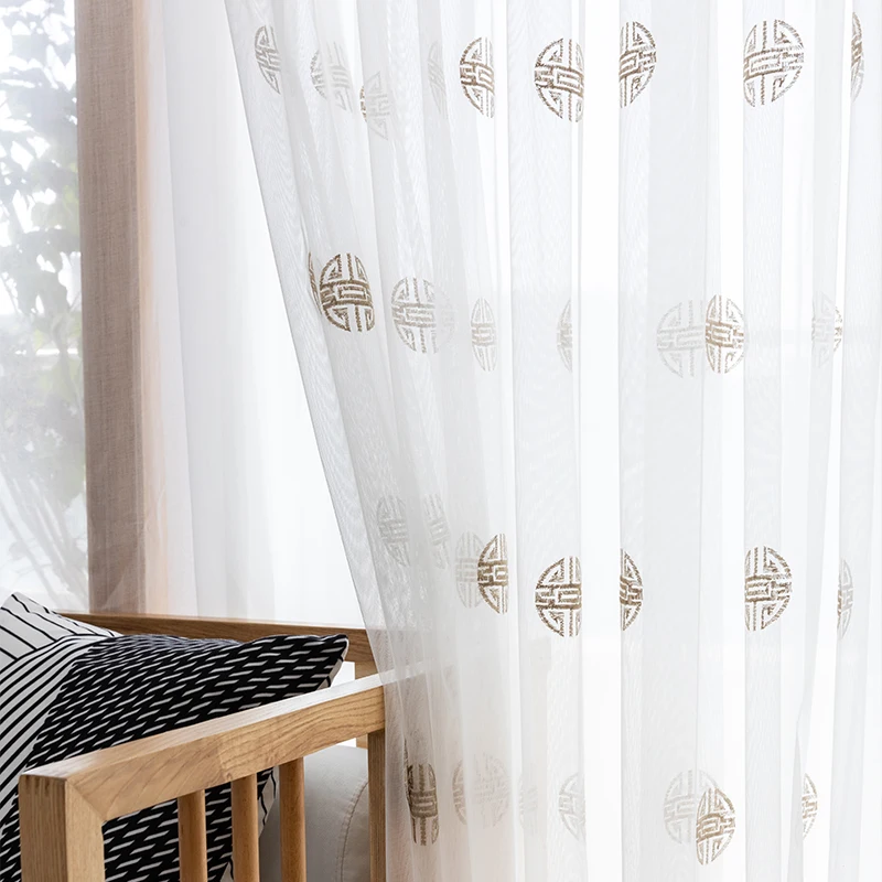 Traditional Chinese Greek Key Sheer Curtains, Embroidered White Tulle Voile Curtains, Living Room Drapes Gauze