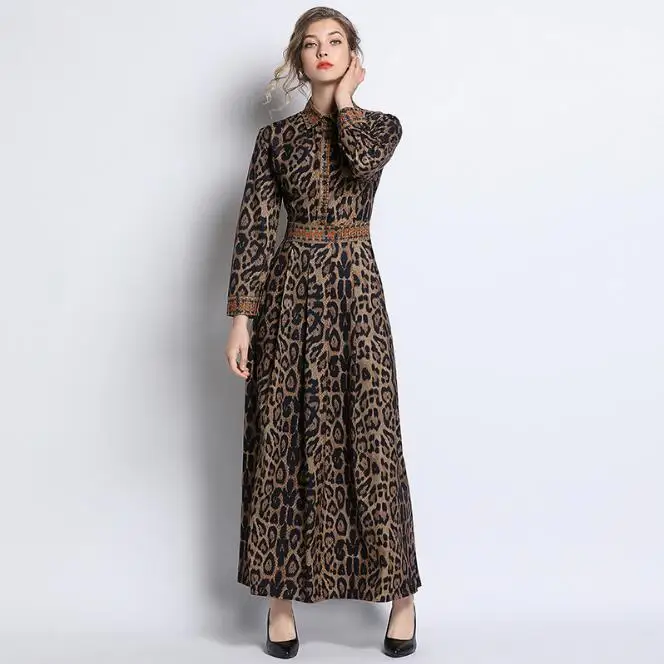 New women Breathable comfort leopard print ankle length dress Womens Slim waist long sleeve retro casual chic female dresses