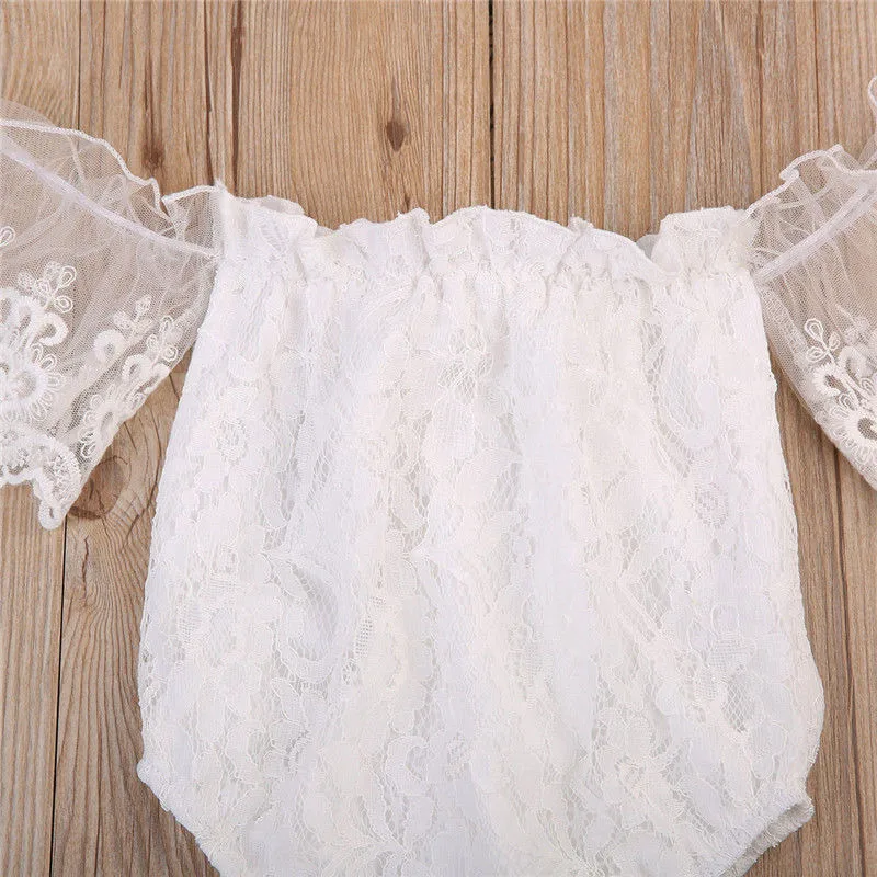 Summer Cute Toddler Baby Girl Clothes White Lace Romper Sleeveless Hollow Out Hook Off Shoulder Backless Jumpsuit Outfits