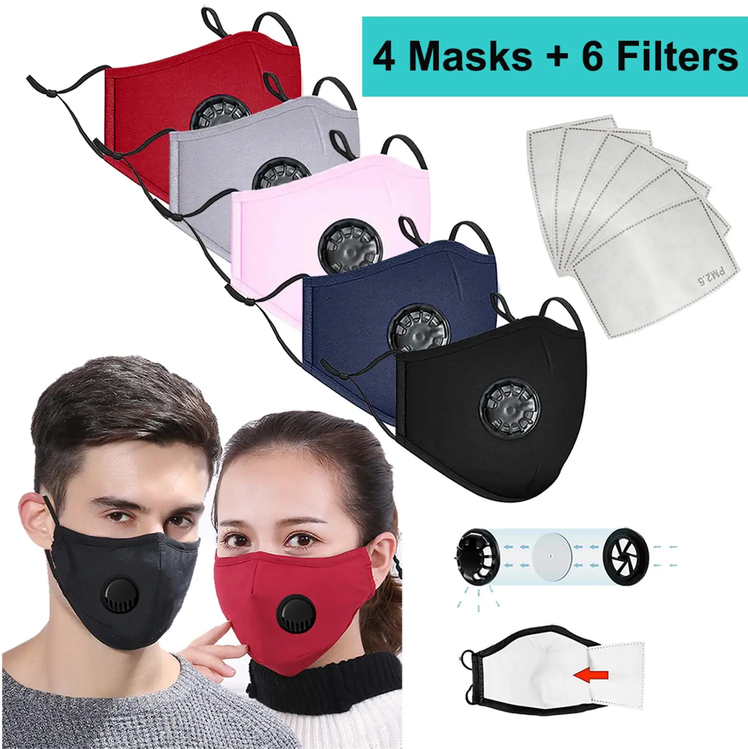 Masker Wajah Hitam Katun Anti Debu Masker Kain Dapat Dicuci Kembali 4 Buah Masker Mulut Pelindung Modis dengan Filter Dewasa Illas Illas