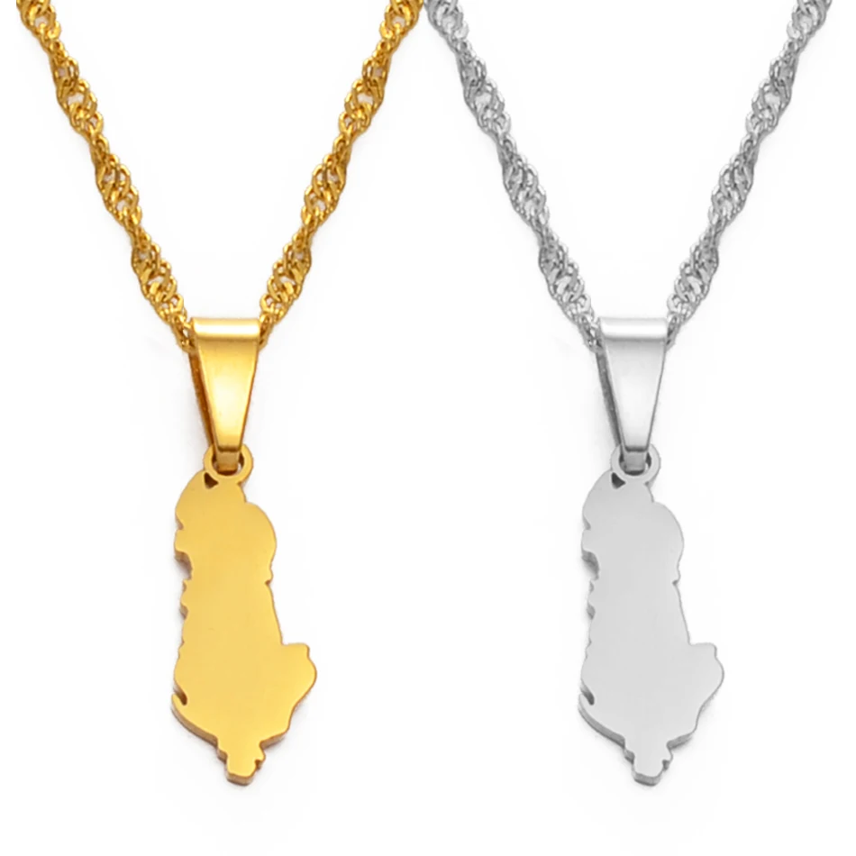 Anniyo 1.8CM Small Size Albania Map Pendant Necklaces for Women Girls Gold Color/Silver Color Albanian Jewelry #146921