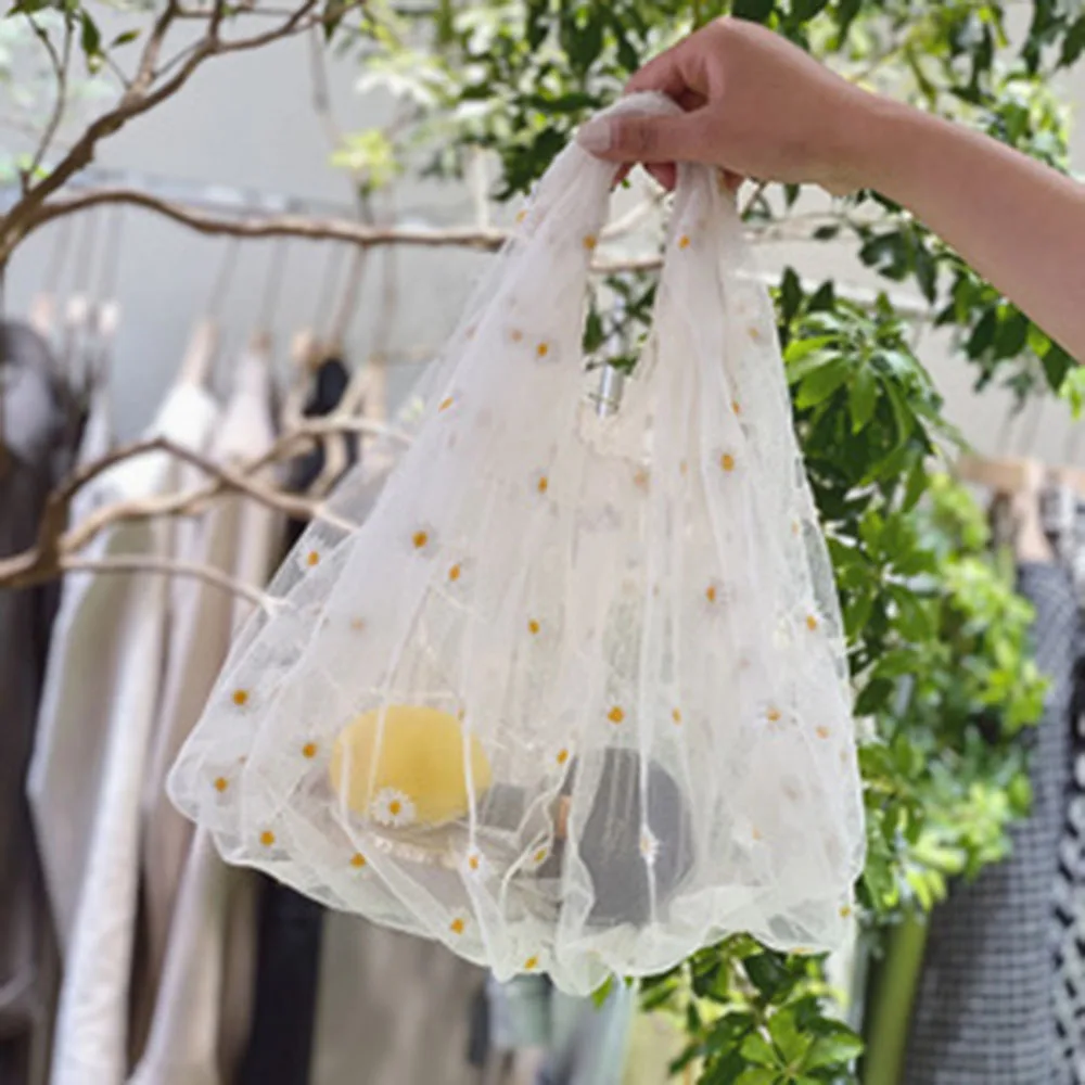 Neue Art einzelne Umhängetasche Netzgarn Stickerei kleine Gänseblümchen niedliche Stickerei Einkaufstasche umwelt freundliche Handtasche für Frauen Mädchen