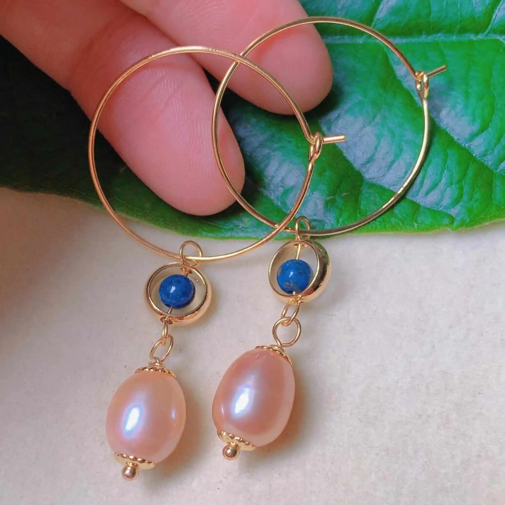 

Natural pink Pearl Lapis Lazuli beads eardrop 18k gold Earrings Wedding Jewelry Freshwater Beautiful