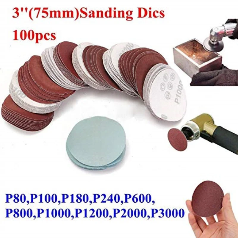 100pcs 75mm/3\'\' Orbit Sanding Polishing Sheet Sandpaper Round Shape Sander Velcro Discs Mixed 80/100/180/240/600/800/1000/1200