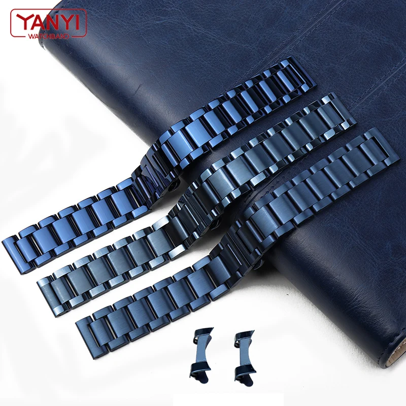 Stainless Steel Watchband Dark blue color Curved end Metal Wristwatches Band 18mm 19mm 20mm 21mm 22mm 23mm 24mm watch strap