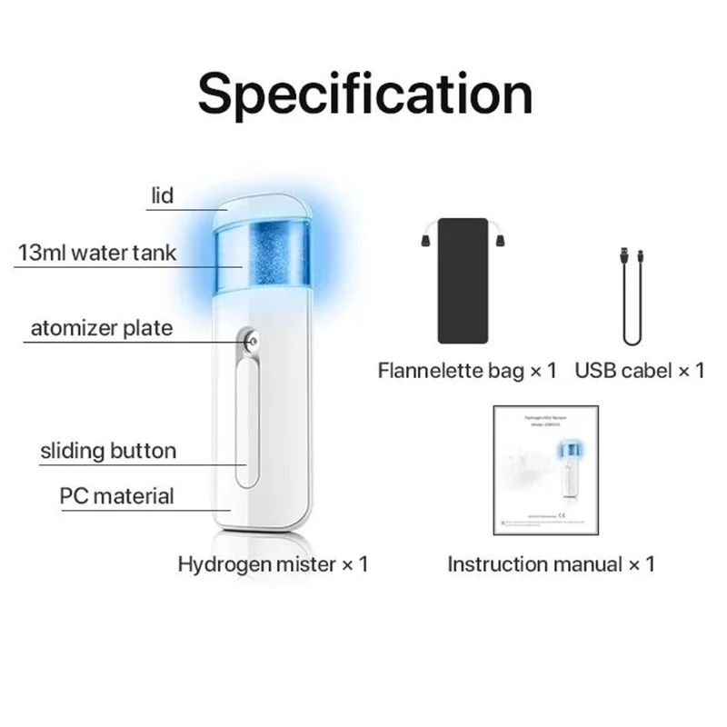 800ppb Hydrogen Mister Skin Care Anti-aging Rechargeable Portable Hydrogen Water Facial Nano Mist Face Mist Sprayer