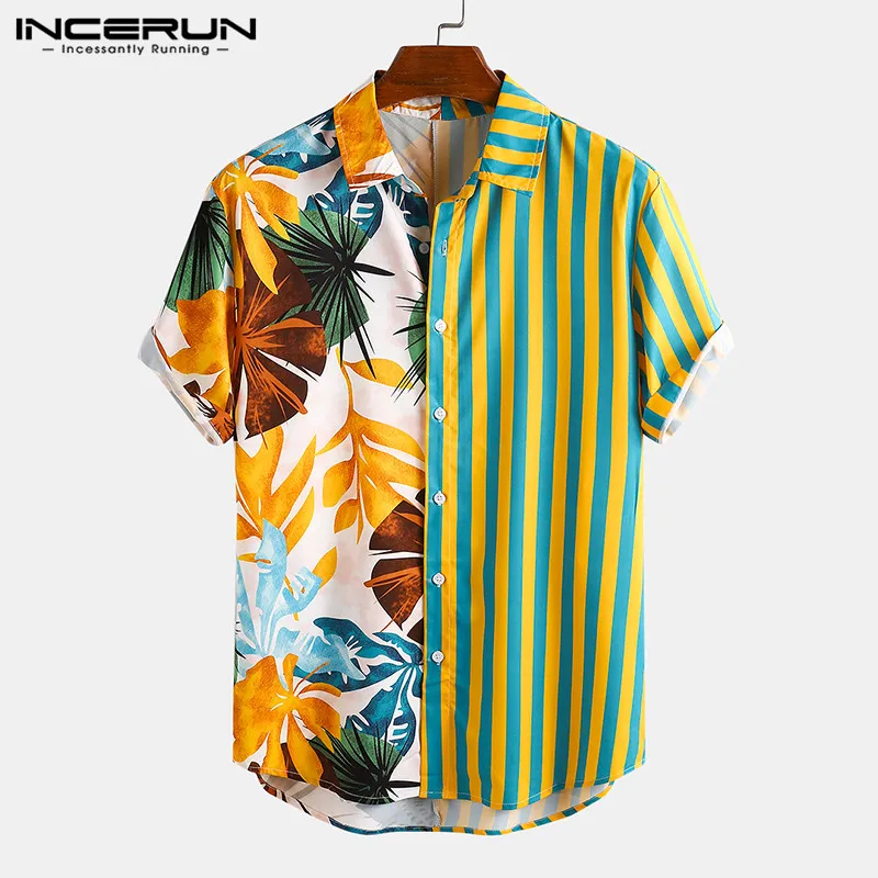 Fashion Men Hawaiian Shirt Short Sleeve Streetwear Print Striped Patchwork Summer Chic Blouse 2023 Beach Camisas INCERUN S-5XL