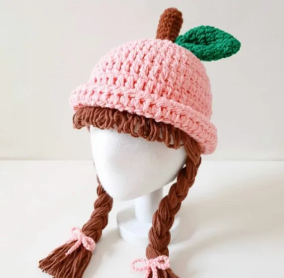 Cute Apple Shape Baby Girl Bucket Hat Hair Pigtail Braid Wig Cap Winter Warm Knitted Children Kids Girls Hats Caps Accessories